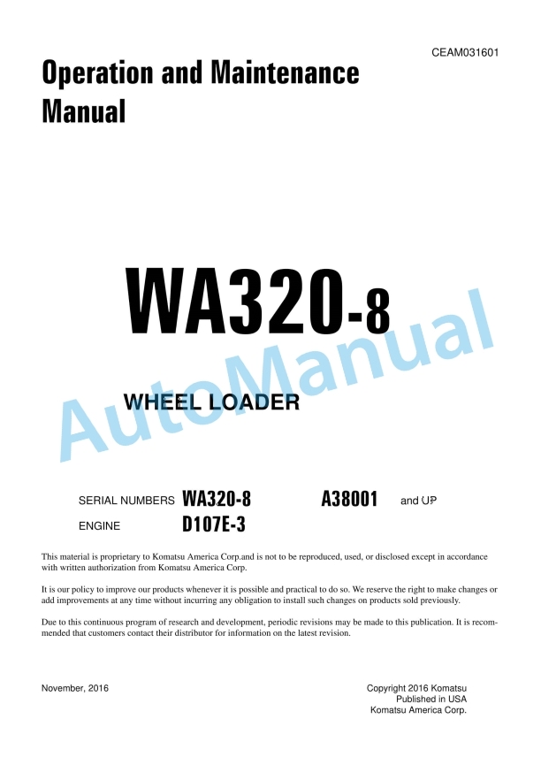 Komatsu WA320-8 Wheel Loader Operation and Maintenance Manual CEAM031601