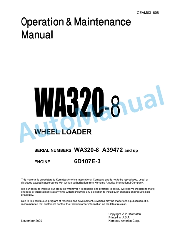 Komatsu WA320-8 Wheel Loader Operation and Maintenance Manual CEAM031606