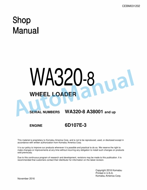 Komatsu WA320-8 Wheel Loader Shop Manual CEBM031202