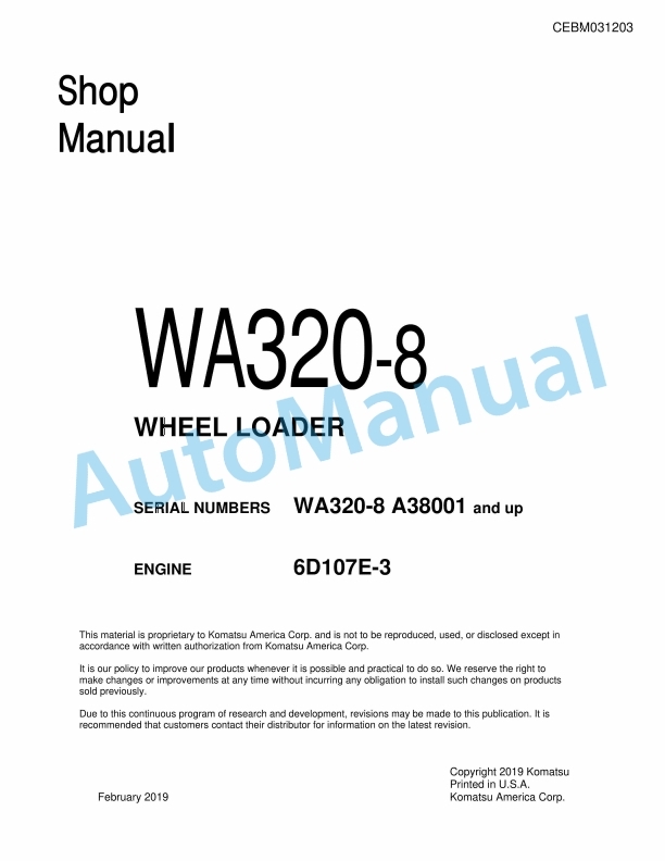 Komatsu WA320-8 Wheel Loader Shop Manual CEBM031203