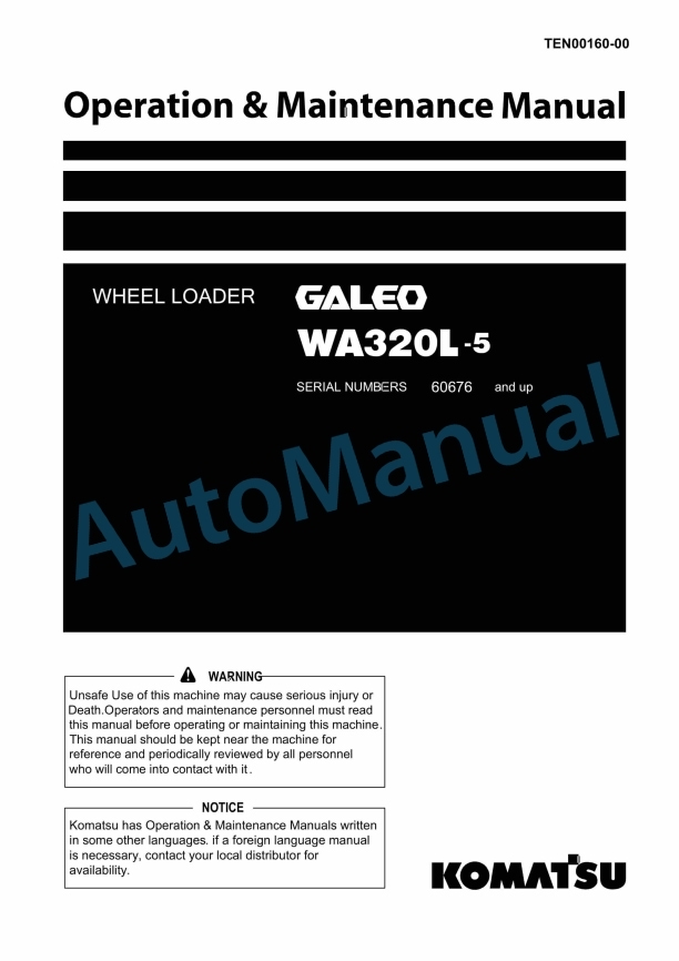 Komatsu WA320L-5 Galeo Wheel Loader Operation and Maintenance Manual TEN00160-00