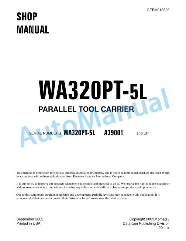 Komatsu WA320PT-5L Parallel Tool Carrier Shop Manual CEBM013602