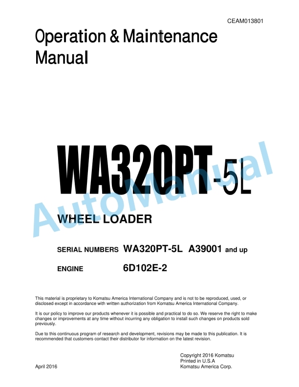 Komatsu WA320PT-5L Wheel Loader Operation and Maintenance Manual CEAM013801