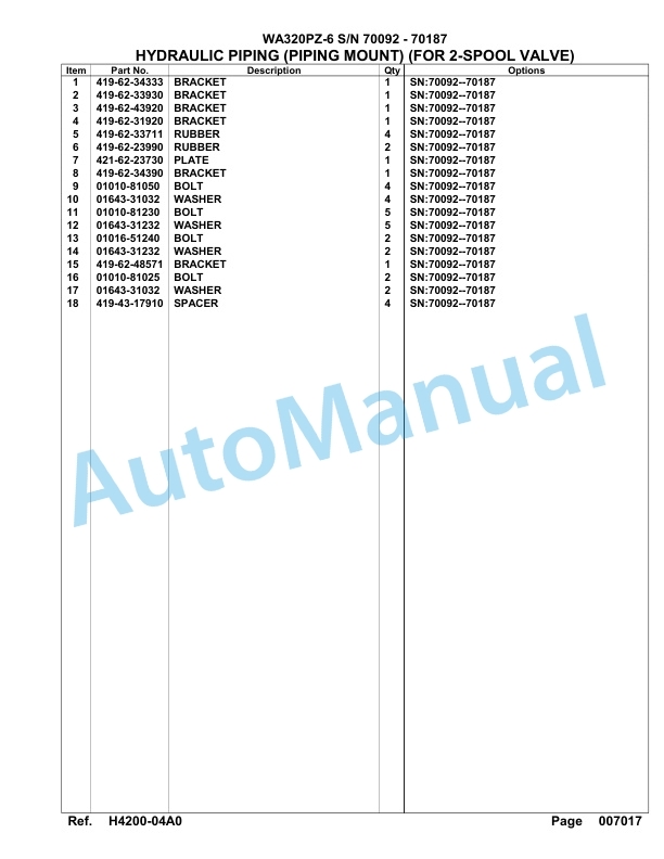 Komatsu WA320PZ-6 Parts Manual G70187-3