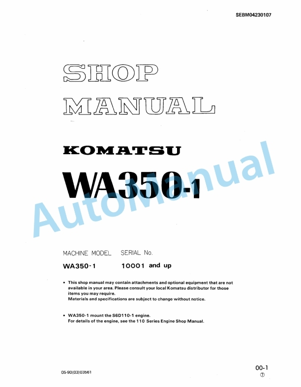 Komatsu WA350-1 Wheel Loader Shop Manual SEBM04230107