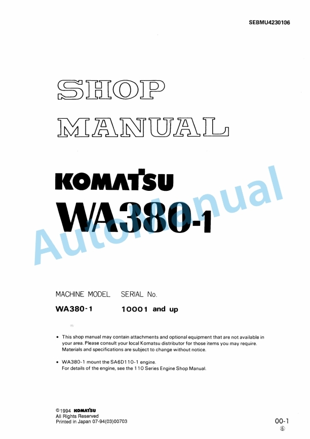 Komatsu WA380-1 Shop Manual SEBMU4230106