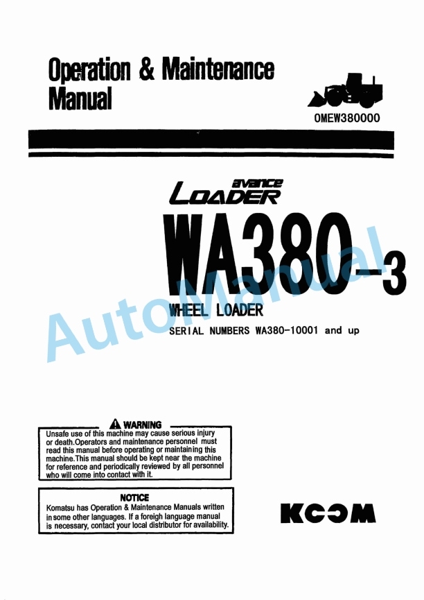 Komatsu WA380-3 Avance Wheel Loader Operation and Maintenance Manual OMEW380000
