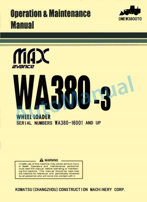 Komatsu WA380-3 Avance Wheel Loader Operation and Maintenance Manual OMEW3800T0
