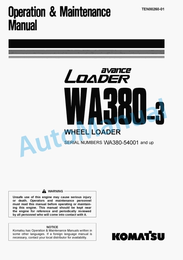 Komatsu WA380-3 Avance Wheel Loader Operation and Maintenance Manual TEN00260-01