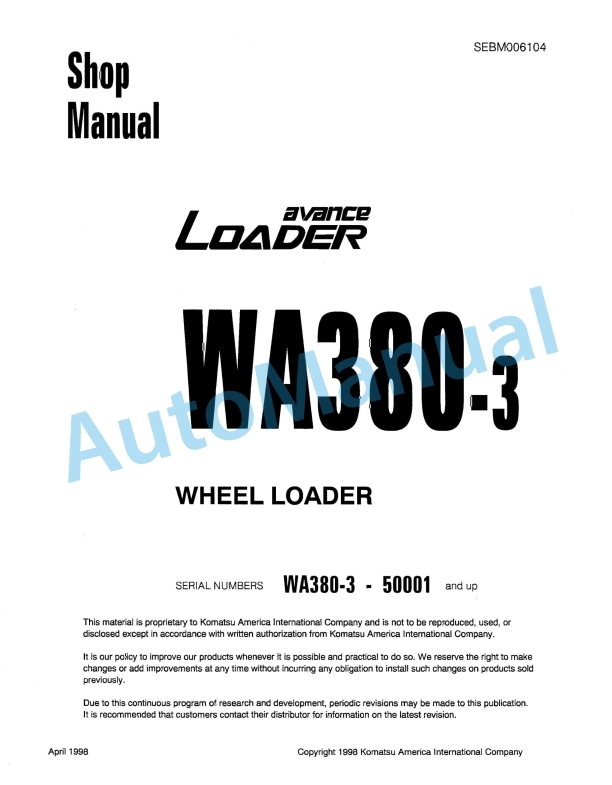 Komatsu WA380-3 Avance Wheel Loader Shop Manual SEBM006104