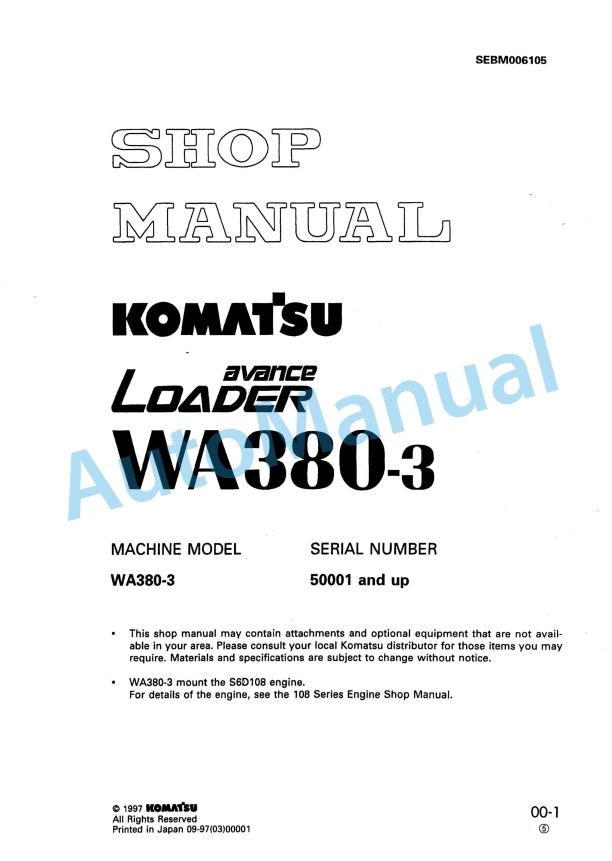 Komatsu WA380-3 Avance Wheel Loader Shop Manual SEBM006105