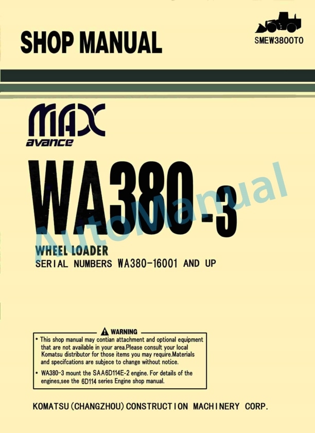 Komatsu WA380-3 Avance Wheel Loader Shop Manual SMEW3800T0