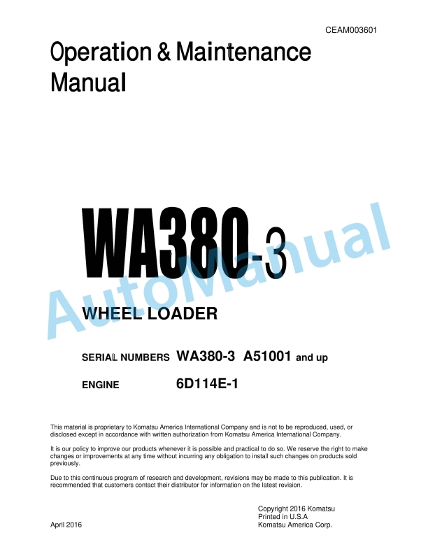 Komatsu WA380-3 Wheel Loader Operation and Maintenance Manual CEAM003601