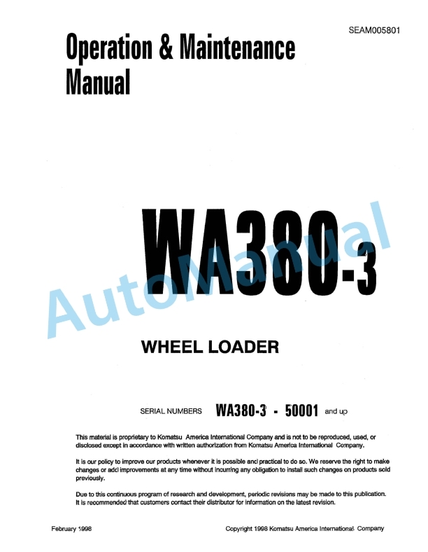 Komatsu WA380-3 Wheel Loader Operation and Maintenance Manual SEAM005801