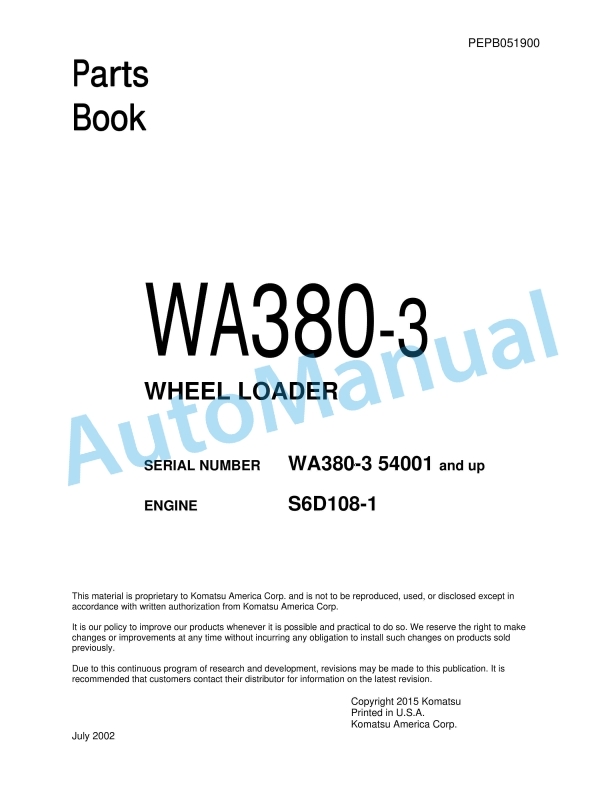 Komatsu WA380-3 Wheel Loader Parts Manual PEPB051900