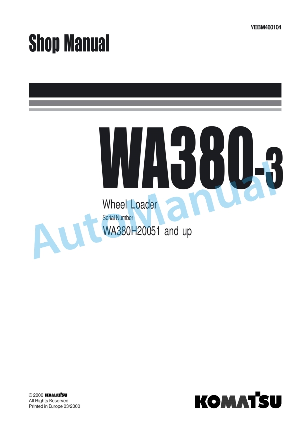 Komatsu WA380-3 Wheel Loader Shop Manual VEBM460104