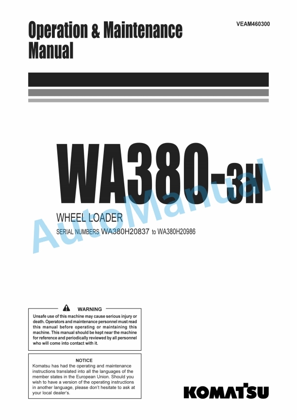 Komatsu WA380-3H Wheel Loader Operation and Maintenance Manual VEAM460300
