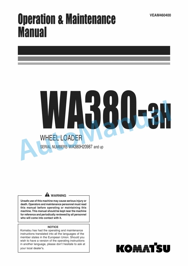 Komatsu WA380-3H Wheel Loader Operation and Maintenance Manual VEAM460400
