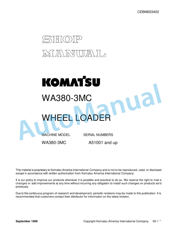 Komatsu WA380-3MC Wheel Loader Shop Manual CEBM003402
