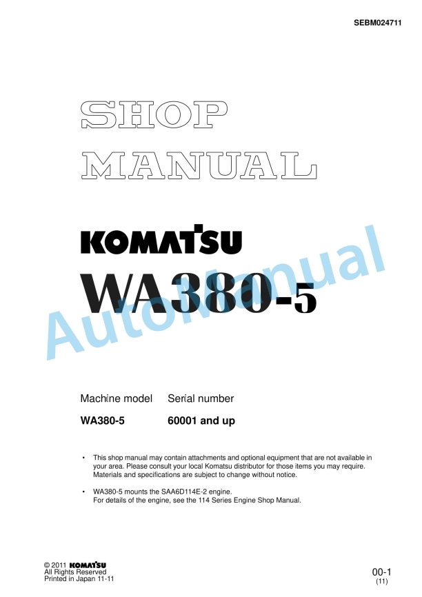 Komatsu WA380-5 Wheel Loader Shop Manual SEBM024711