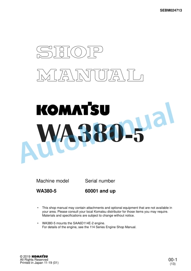 Komatsu WA380-5 Wheel Loader Shop Manual SEBM024713