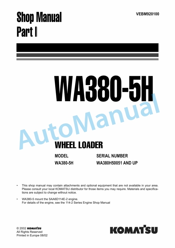 Komatsu WA380-5H Part I Wheel Loader Shop Manual VEBM920100
