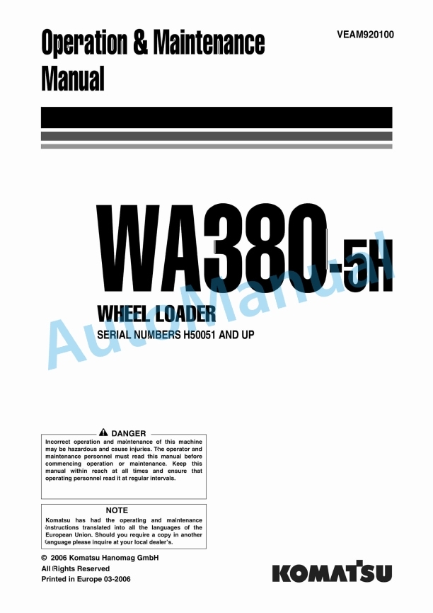 Komatsu WA380-5H Wheel Loader Operation and Maintenance Manual VEAM920100