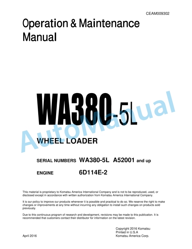 Komatsu WA380-5L Wheel Loader Operation and Maintenance Manual CEAM009302
