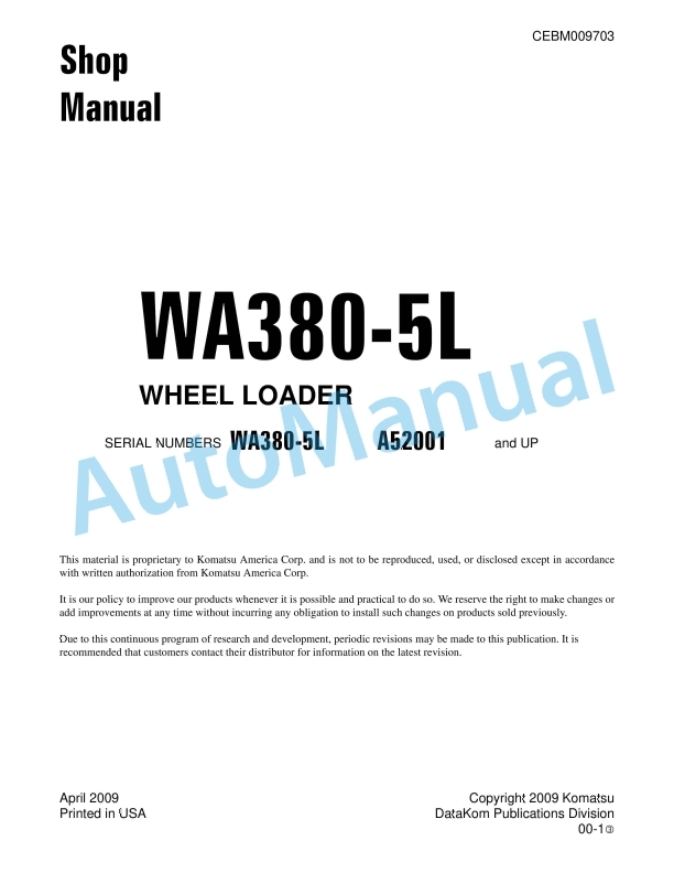 Komatsu WA380-5L Wheel Loader Shop Manual CEBM009703