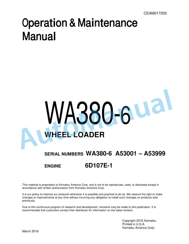 Komatsu WA380-6 Wheel Loader Operation and Maintenance Manual CEAM017205