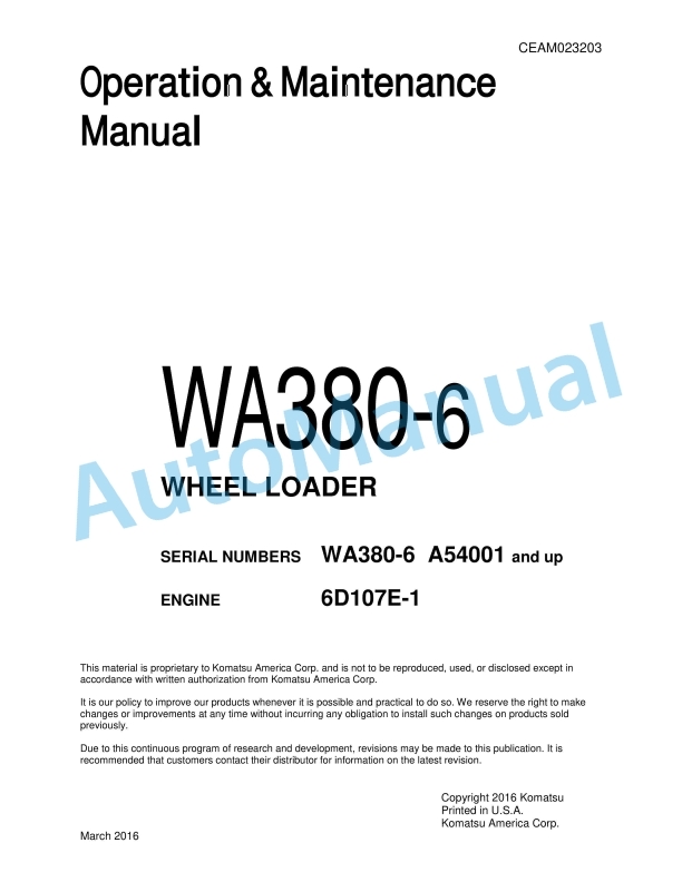 Komatsu WA380-6 Wheel Loader Operation and Maintenance Manual CEAM023203
