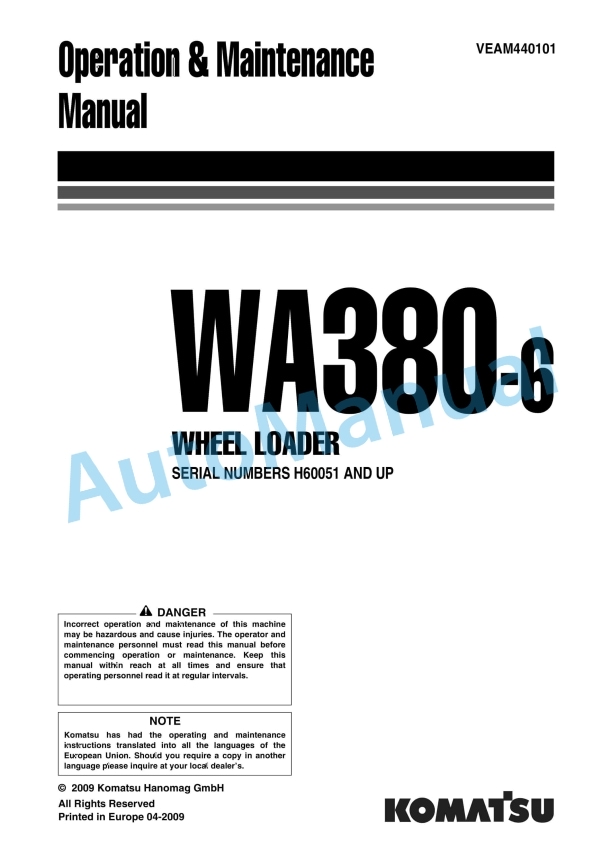 Komatsu WA380-6 Wheel Loader Operation and Maintenance Manual VEAM440101