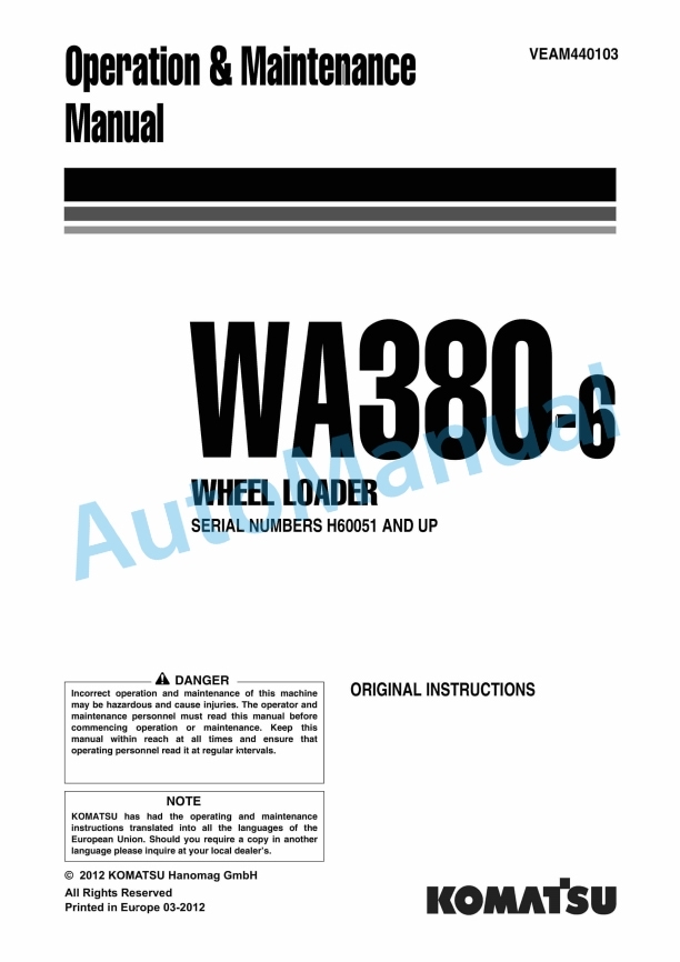Komatsu WA380-6 Wheel Loader Operation and Maintenance Manual VEAM440103