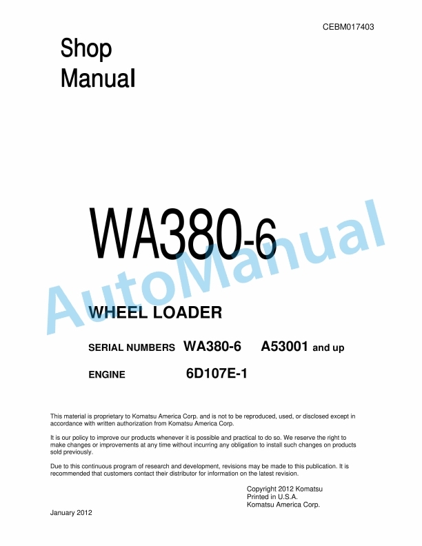 Komatsu WA380-6 Wheel Loader Shop Manual CEBM017403