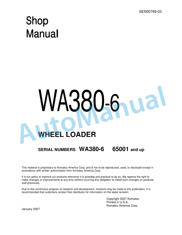 Komatsu WA380-6 Wheel Loader Shop Manual SEN00769-03