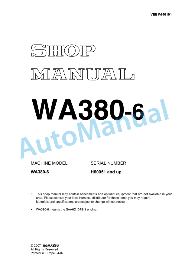Komatsu WA380-6 Wheel Loader Shop Manual VEBM440101