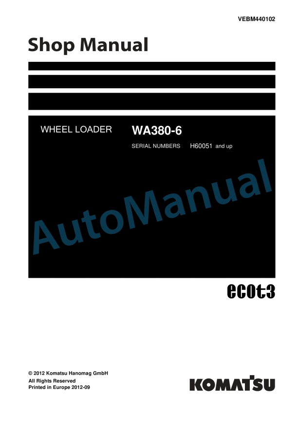 Komatsu WA380-6 Wheel Loader Shop Manual VEBM440102