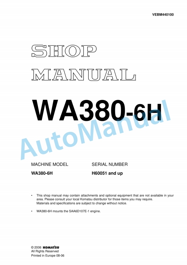 Komatsu WA380-6H Wheel Loader Shop Manual VEBM440100