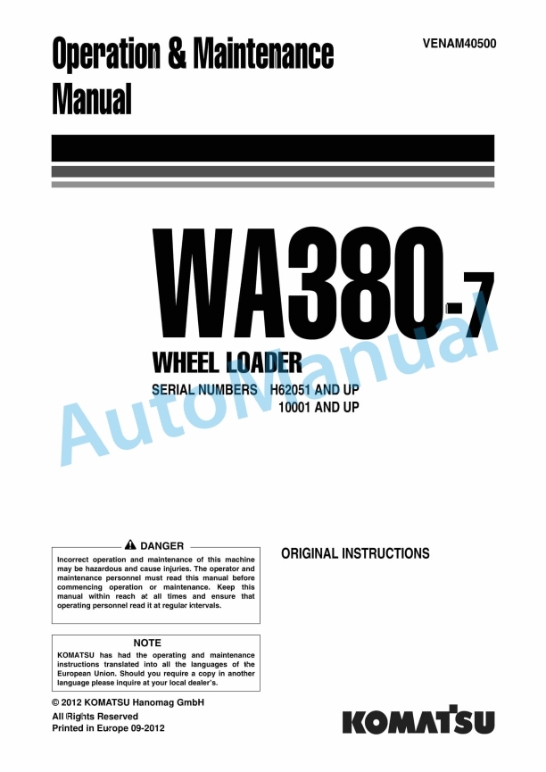 Komatsu WA380-7 Wheel Loader Operation and Maintenance Manual VENAM40500