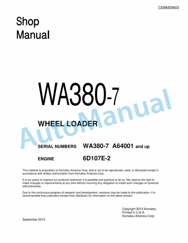 Komatsu WA380-7 Wheel Loader Shop Manual CEBM025603