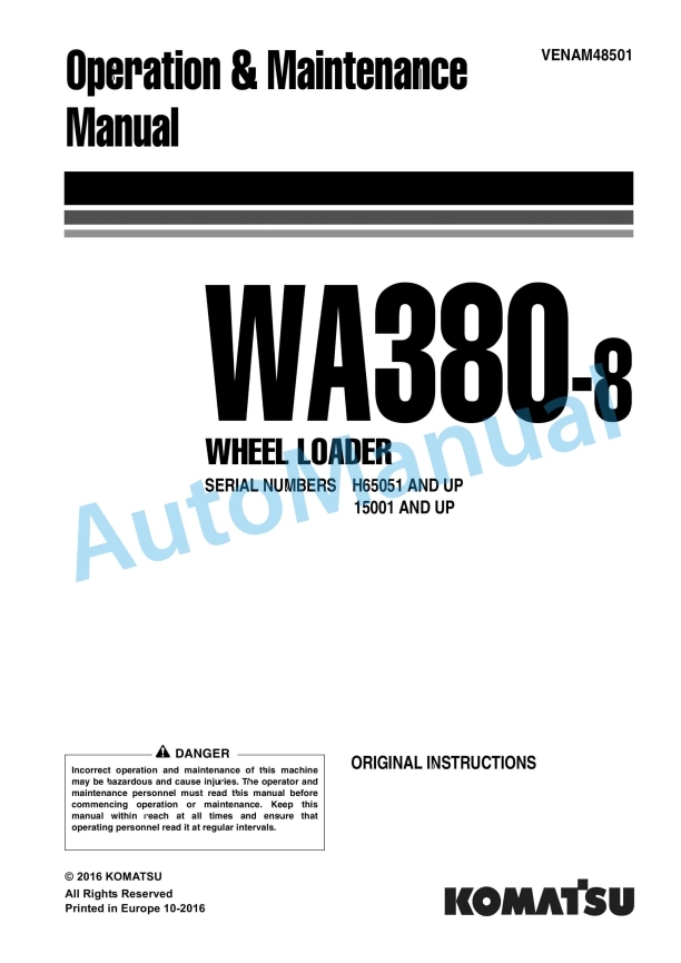 Komatsu WA380-8 Wheel Loader Operation and Maintenance Manual VENAM48501