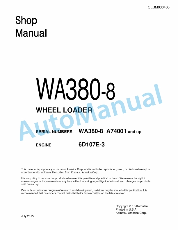 Komatsu WA380-8 Wheel Loader Shop Manual CEBM030400