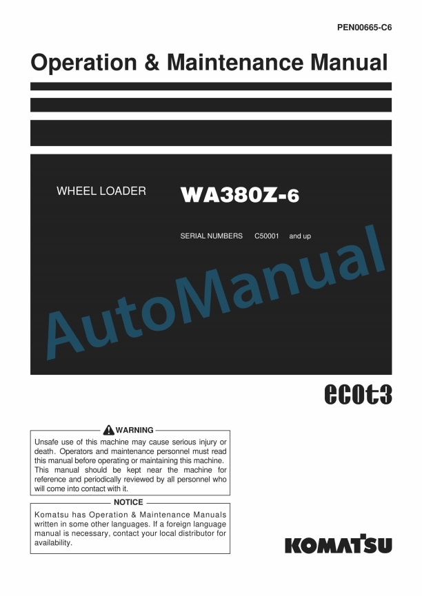 Komatsu WA380Z-6 Wheel Loader Operation and Maintenance Manual PEN00665-C6