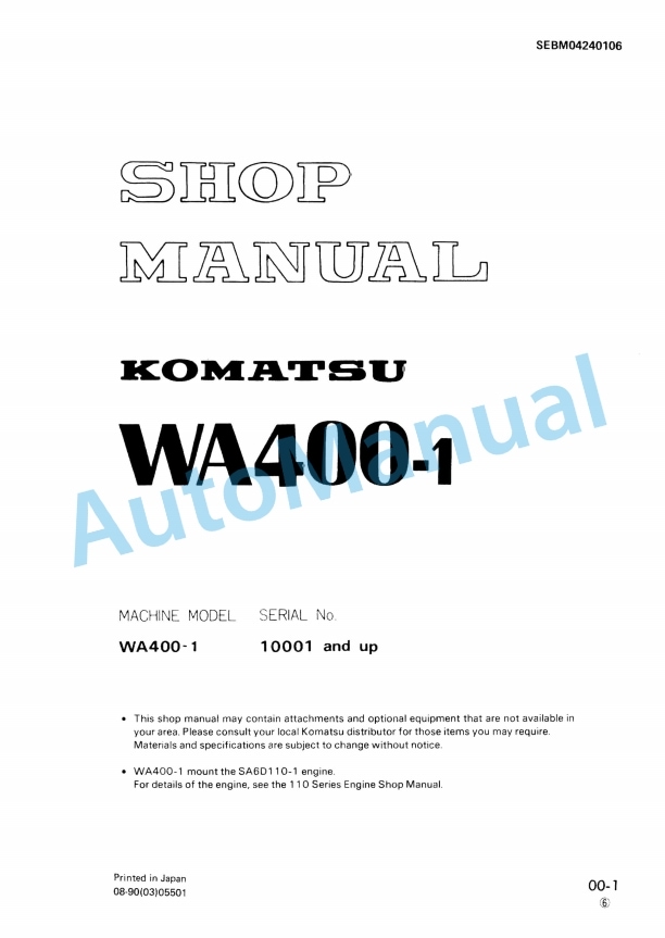Komatsu WA400-1 Wheel Loader Shop Manual SEBM04240106