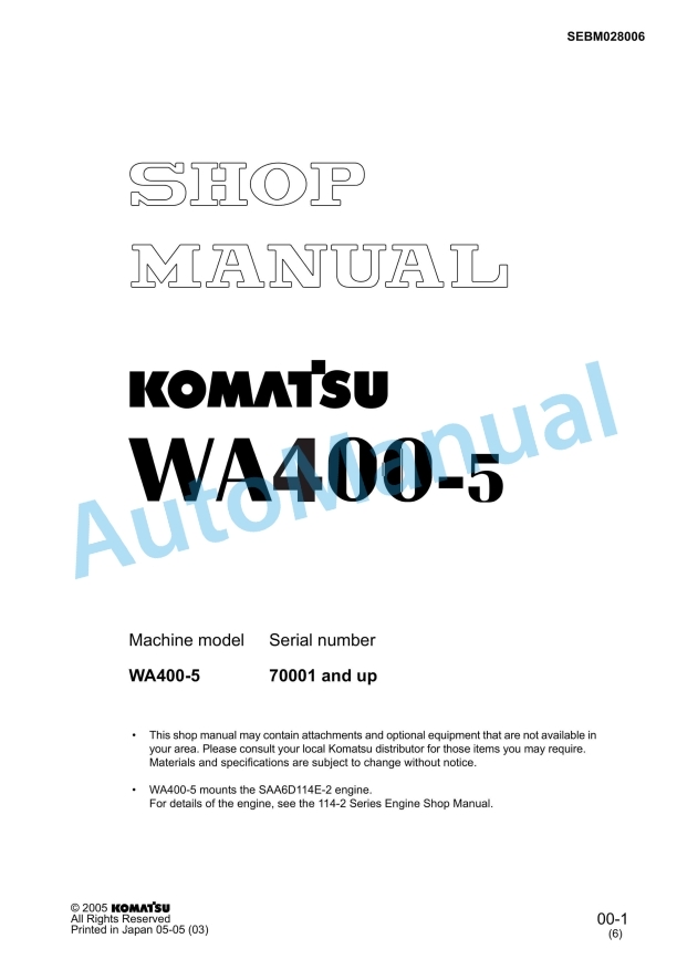 Komatsu WA400-5 Wheel Loader Shop Manual SEBM028006
