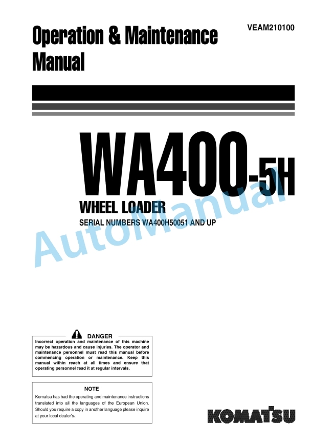 Komatsu WA400-5H Wheel Loader Operation and Maintenance Manual VEAM210100