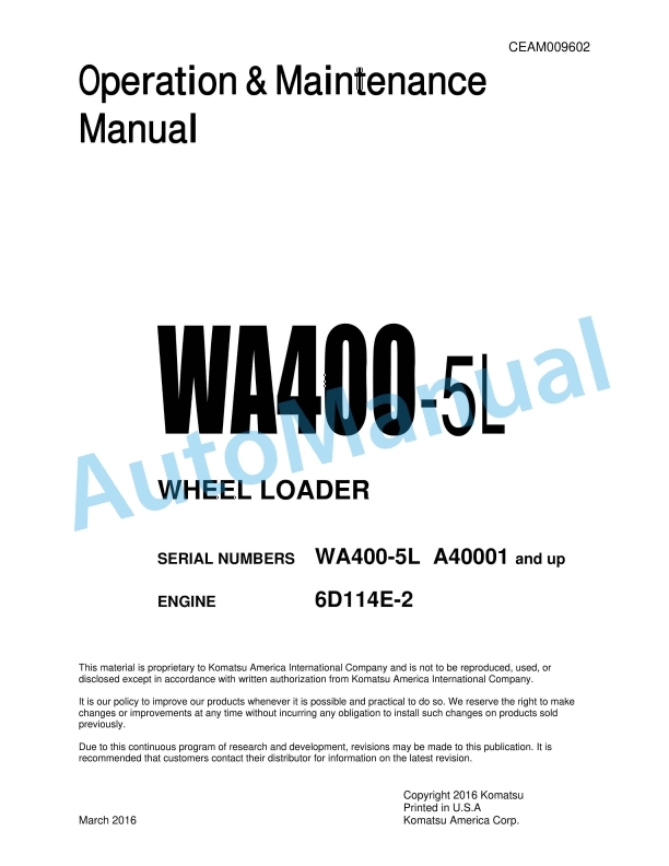Komatsu WA400-5L Wheel Loader Operation and Maintenance Manual CEAM009602