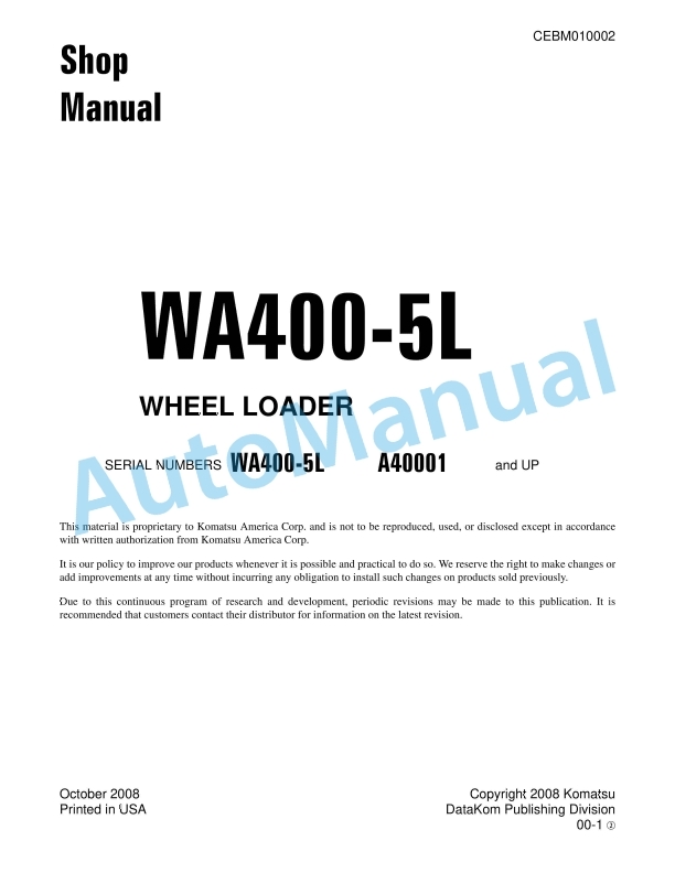 Komatsu WA400-5L Wheel Loader Shop Manual CEBM010002