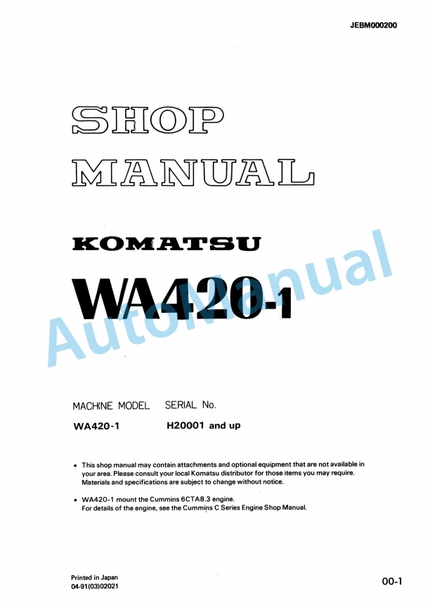 Komatsu WA420-1 Wheel Loader Shop Manual JEBM000200