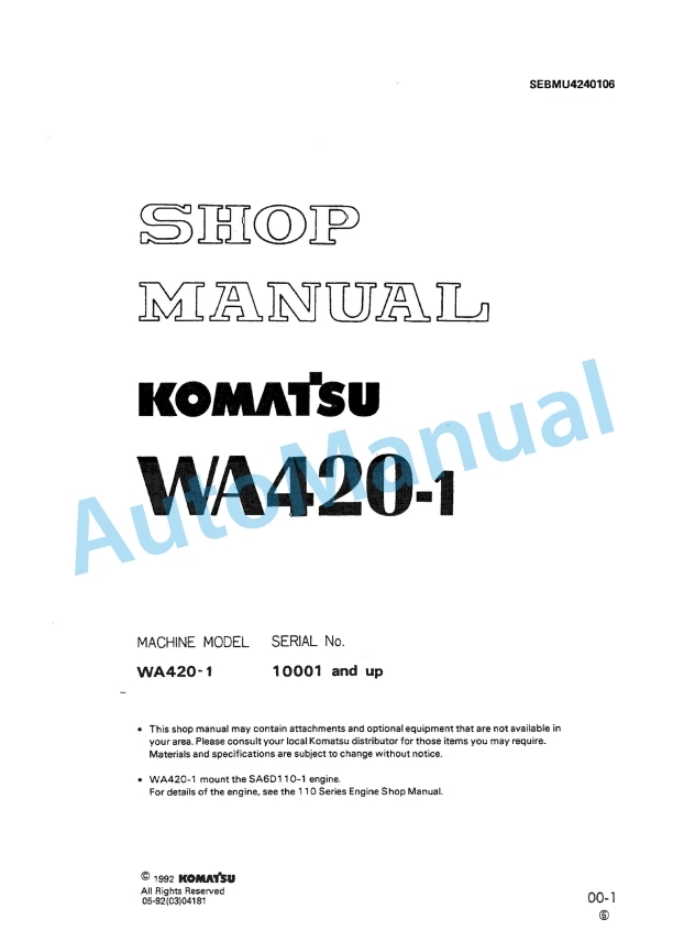 Komatsu WA420-1 Wheel Loader Shop Manual SEBMU4240106